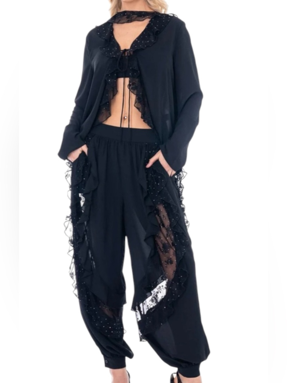 Lace Inset Floral & Ruffle Accent Elastic Waist Pant SET w Rhinestone Studs - Picture 1 of 3